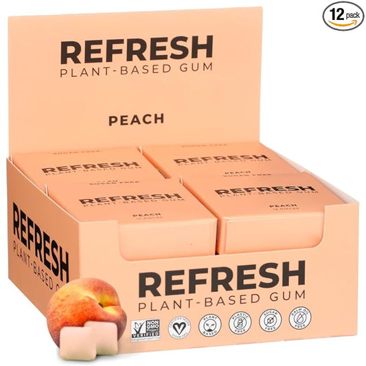 Refresh Gum, Xylitol, Natural, Sugar Free, Long Lasting, Plastic Free, Natural Flavors & Organic Ingredients, Plant-Based, Low Calorie, Non GMO, Gluten Free, Vegan, Peach Flavor, 12 Pieces, 12 Pack