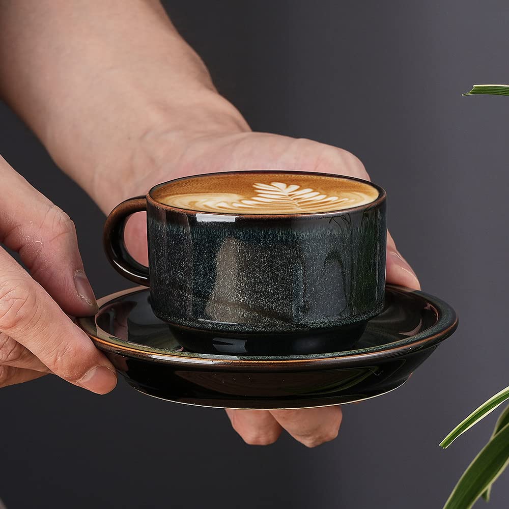 JIEMEI HOME Porcelain Stackable Espresso Cups with Saucers and Metal Stand, 4 Ounce Demitasse Cups