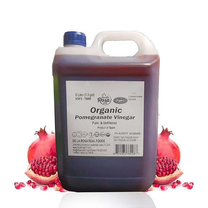 De La Rosa Organic Pomegranate Vinegar, Pure & Unfiltered, Vegan, Gluten Free & Kosher, Great for Salad Dressing, Marinades, 100% Pure Pomegranate Vinegar 5 Liters (pack of 1)