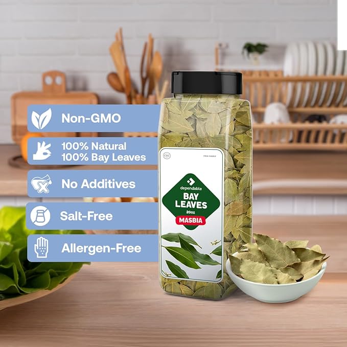 Dependable Foods Bay Leaves – 2 oz. Jar - 100% Natural, Non-GMO, Salt-Free | Kosher, Allergen-Free | Nature’s Aroma