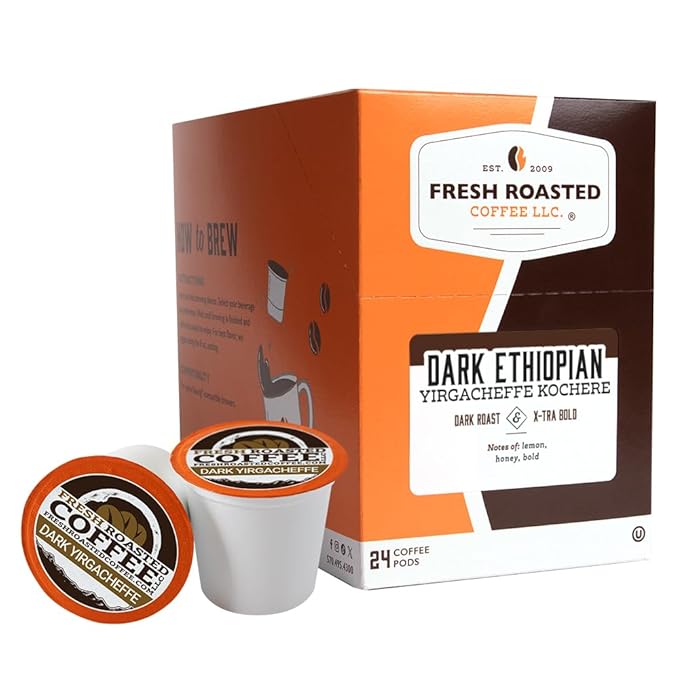 Fresh Roasted Coffee, Dark Ethiopian Yirgacheffe Kochere, Dark Roast, 24 Pods for K Cup Brewers