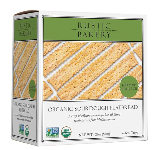 Rustic Bakery Handmade Sourdough Flatbread - Rosemary & Olive Oil - Sea Salt Charcuterie Crackers - Artisan Crackers for Cheese Platter or Snacking - Made in California - Pack of 4, 6 Oz Trays