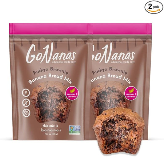 GoNanas Fudge Brownie Oat Flour Banana Bread Mix, Suitable for Plant Based Vegan Diets, Gluten Free Dairy Free Snacks, Healthy Snacks For Adults, Muffin Mix, Nut Free, Cupcakes Dessert, NON-GMO, 2pk