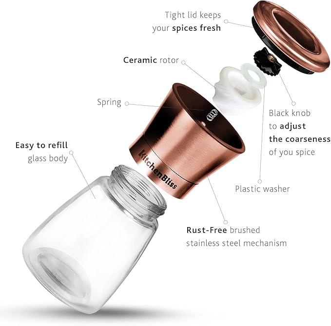 Kitchen Bliss Premium Copper Stainless Steel Salt and Pepper Grinder Set - Short Glass Shakers - Adjustable Coarseness Mills - Refillable with Himalayan Salt, Black Peppercorn - Set of 2