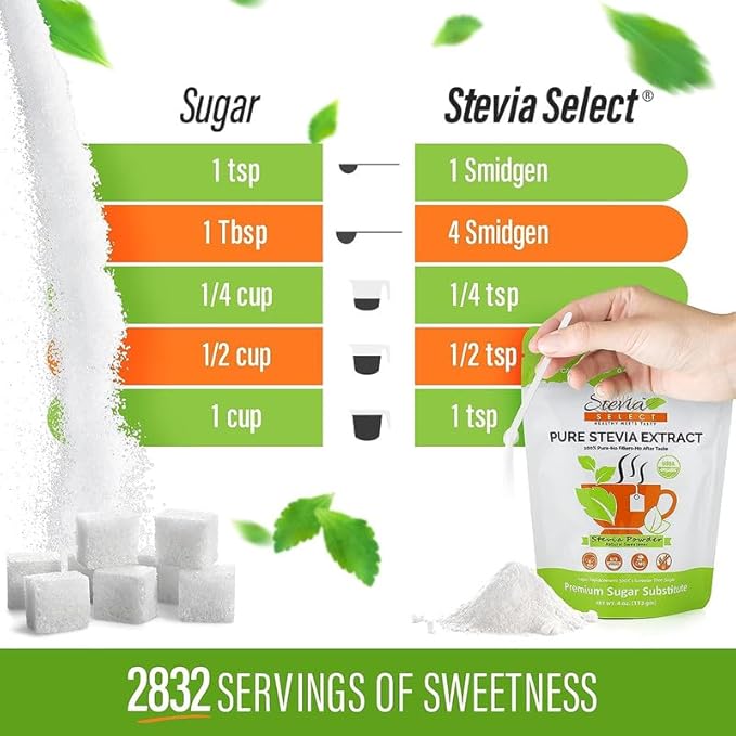 Stevia Select Organic Stevia Powder - Sugar Free Plant Based Stevia Sweetener Non GMO Pure Stevia Extract - Sugar Substitute No Fillers Zero Calorie 4 Oz