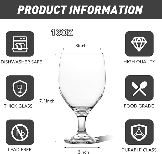 16OZ Water Goblets Set of 6, Clear Goblet Glasses Set for Home Bar, Wedding, Party, Elegant Design for Iced Tea, Sangria, Juice, Dishwasher Safe, Perfect for Daily Use Special Occasions
