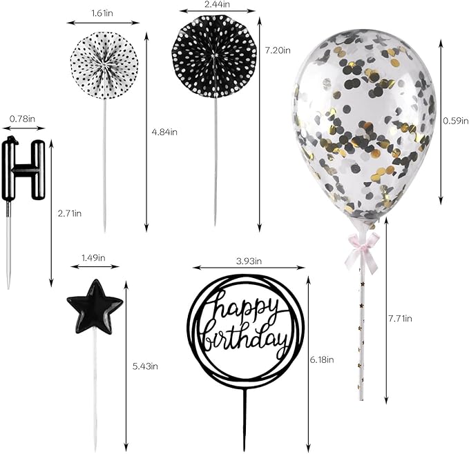 BEAN LIEVE Birthday Candles Set - Cake Topper Decoration with Cake Candles Confetti Balloon Stars and Fan Cupcake Toppers 12 Pieces Birthday Cake Decor for Birthday Party Celebration (Black)