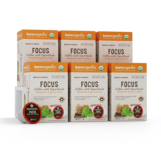 BareOrganics Focus Coffee Pods With Superfoods & Probiotics | Compatible | USDA Certified Organic, Vegan, Non-GMO & Recyclable Single Serve 10ct (Pack of 6)