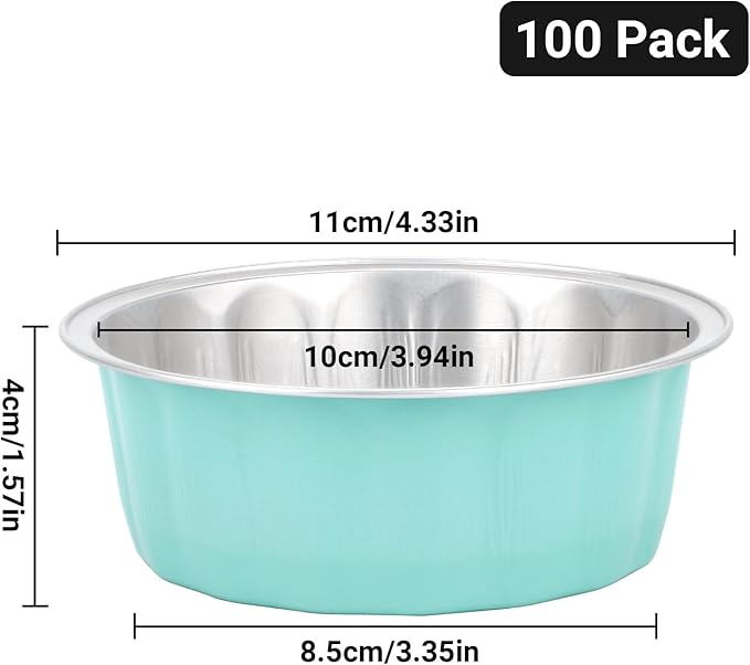 Beasea 8oz Aluminum Ramekins, 100 Pack 3.9" Mini Disposable Baking Foil Cups Ramekin Cup Cupcake Aluminum Baking Cups for Party - Lake Blue