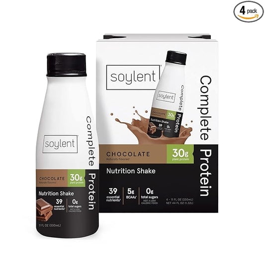 Soylent Complete Protein Shake, Chocolate, 30g Protein, Vegan, Dairy Free and 0g Sugar, Ready to Drink Protein Drinks, 11oz (4 Pack)