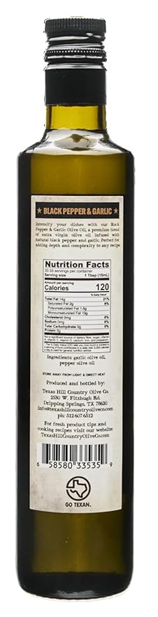 Black Pepper Garlic Infused Olive Oil - Cold Pressed Gourmet EVOO Olive Oil - Great for Dressing Dipping Marinade - No Artificial Flavors or Added Sugar - Made in Texas (16.9 Fl Oz)