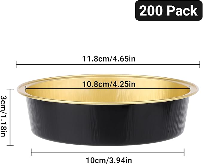 Beasea Aluminum Ramekins 200 Pack, 4" 7.3oz 215ml Disposable Baking Foil Cups Mini Ramekin Cup No Lids Cupcake Aluminum Baking Cups for Party - Black Gold