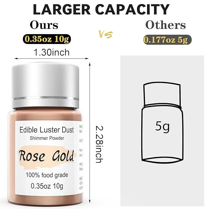 Rose Gold Luster Dust Edible Glitter for Cocktails ??10g Colaele Edible Shimmering Dust for Chocolates, Metallic Food Coloring Powder for Cake Decorating Edible Glitter for Drinks, No Gluten,Vegan
