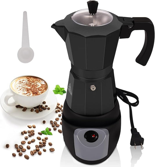 Aluminum Electric Moka Pot 5-6 Cup 270ml Express Coffee Maker Stovetop Espresso Portable Coffeemaker Italian Classic Brewing Greca Cafe Mocha with Removable Base and Overheating Protection Machine
