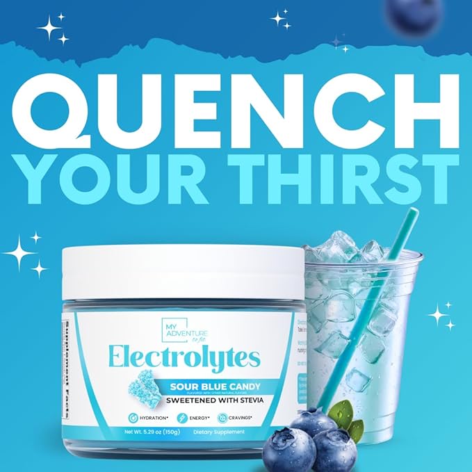 Zero Sugar - Sour Blue Candy Electrolytes Powder - Refreshing Hydration - Caffeine Free Energy - All Natural Ingredients - Vegan, Keto & Paleo - Sugar Free Electrolyte Powder Drink Mix - 30 Servings