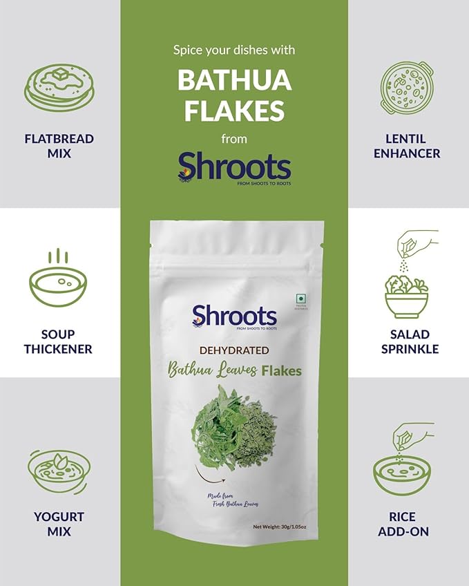 SHROOTS Dehydrated Bathua Leaves Flakes Pure Vegetarian Gluten-Free No Added Salt Easy Cooking Essential Machine Dried Vegetables with Natural Aroma Ideal for Soup or Everyday Meals 1.06 oz, Pack of 1