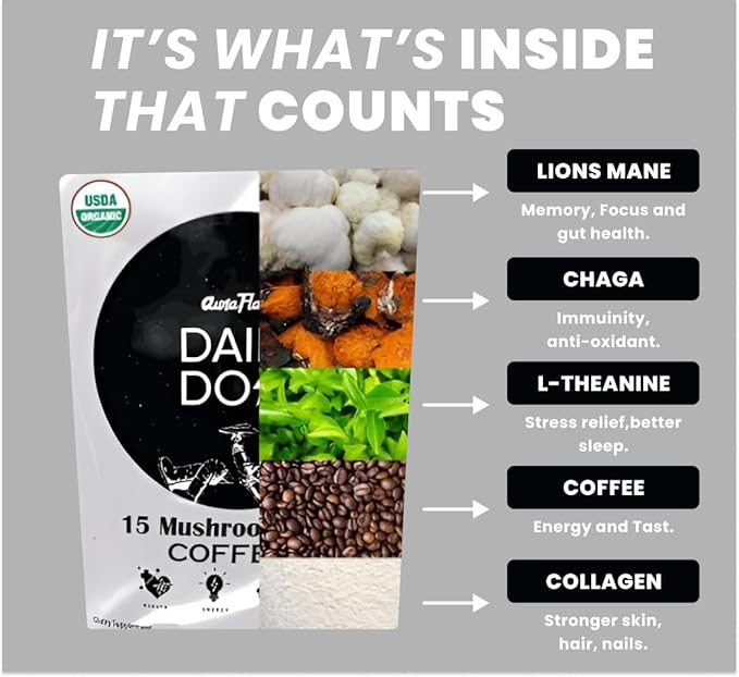 AuraFlare Mushroom Coffee | Premium Everyday Adaptogenic Mushroom for Better Focus, Energy and Digestion | Chaga, Lions Mane & L-Theanine | Doze Mushroom Coffee| 30 Servings (Pack of 1)