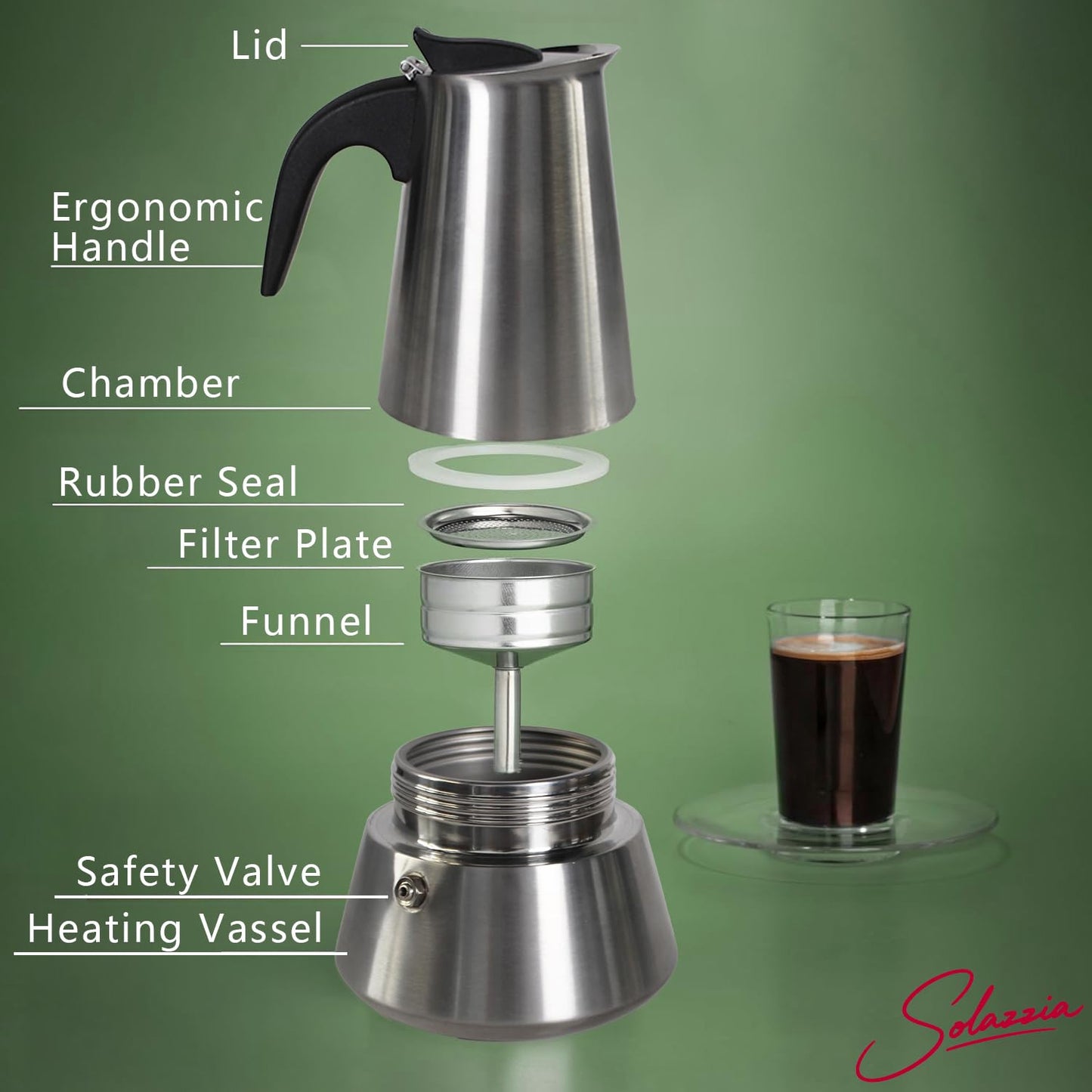 Solazzia 6 Cup Stovetop Espresso Maker Matte Stainless Steel Moka Pot Italian and Cuban Mocha