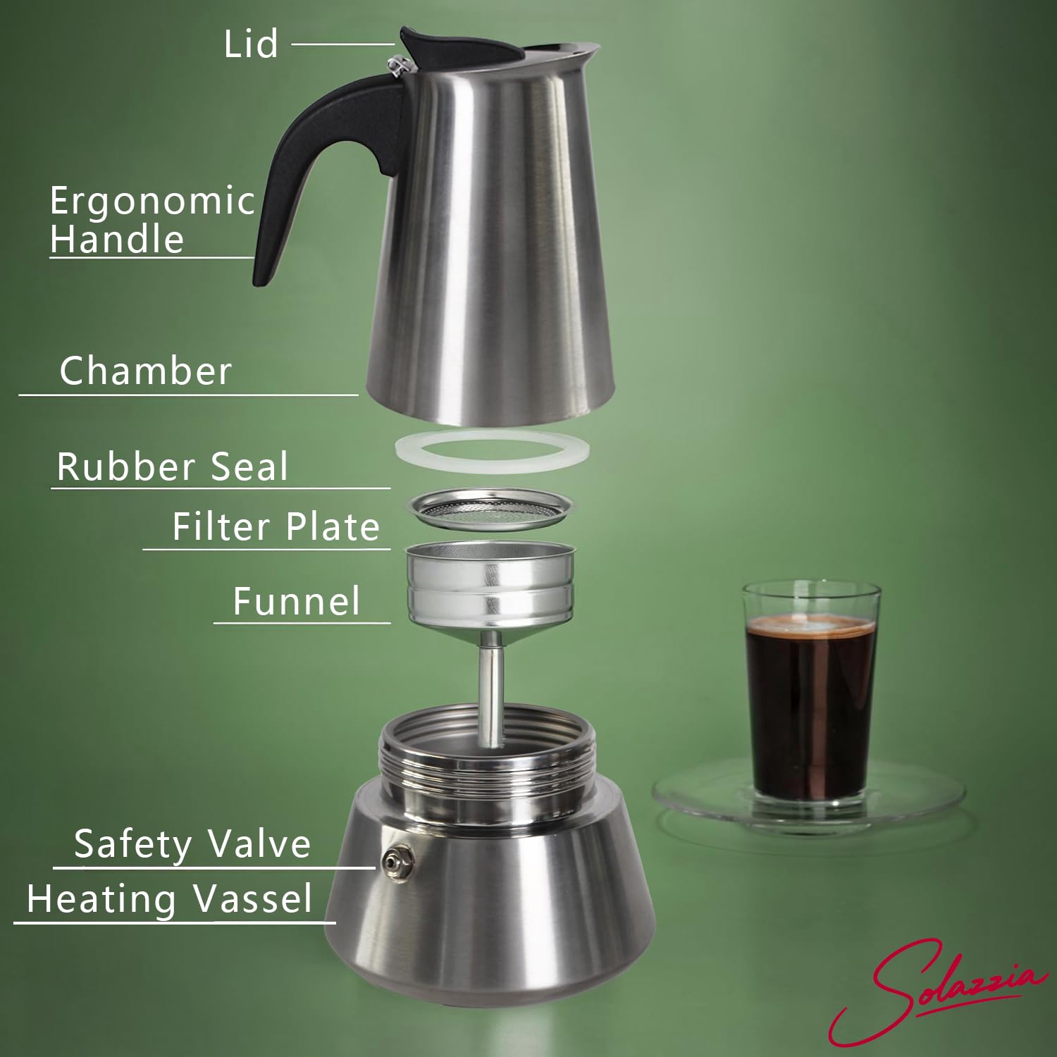 Solazzia 6 Cup Stovetop Espresso Maker Matte Stainless Steel Moka Pot Italian and Cuban Mocha
