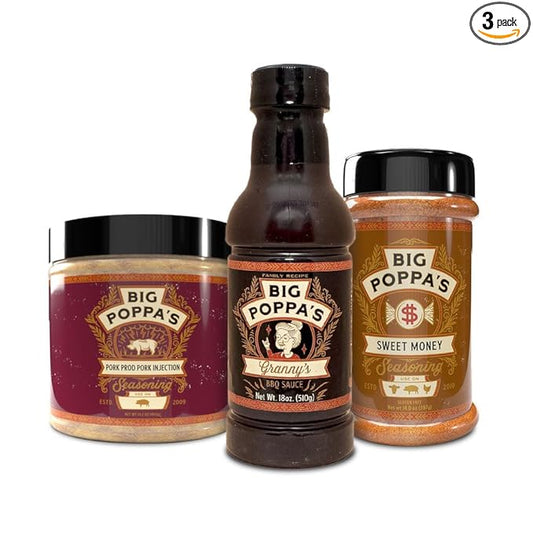 Big Poppa's Pork Bundle – Includes Succulent Pork Prod Injection, Award-Winning Sweet Money Seasoning & Savory Granny's Sauce – Flavorful BBQ Seasoning Trio for BBQ Lovers