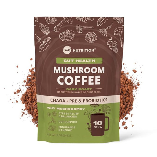 360 Nutrition Instant Mushroom Coffee with Chaga Superfood Mushroom and Prebiotics, Probiotics for