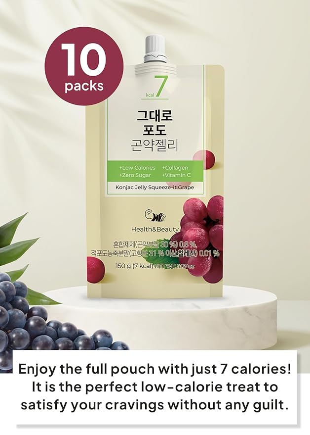 Korean Food Low Calories Squeeze Konjac Jelly Grape Flavor, Fish Collagen, Vitamin, Zero Sugar, Chewier Texture, Health&Beauty (Net WT 5.07 oz, Pack of 10) ?¨ㅼë¹??»━