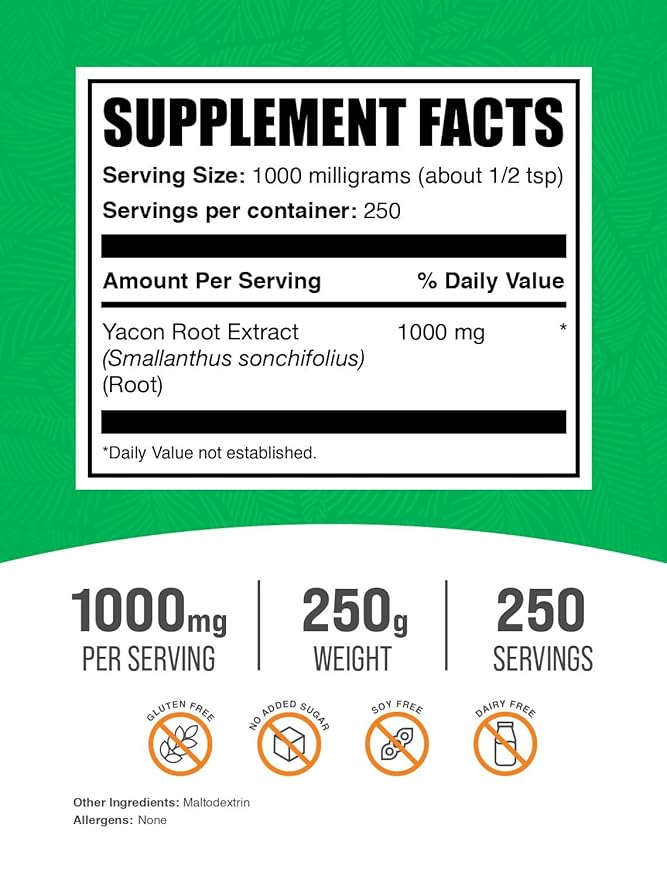 BulkSupplements.com Yacon Root Extract Powder - Natural Sweetener, Yacon Root Powder - Traditional Supplement, Gluten Free, 1g per Serving, 250g (8.8 oz) (Pack of 1)
