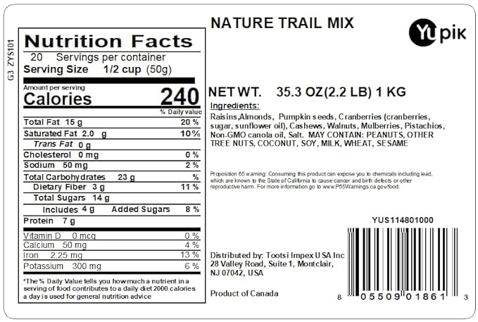 Yupik Nature Trail Mix, 2.2 lbs, with Raisins, Almonds, Pumpkin Seeds, Cranberries, Cashews, Walnuts, Mulberries, Pistachios,Brown