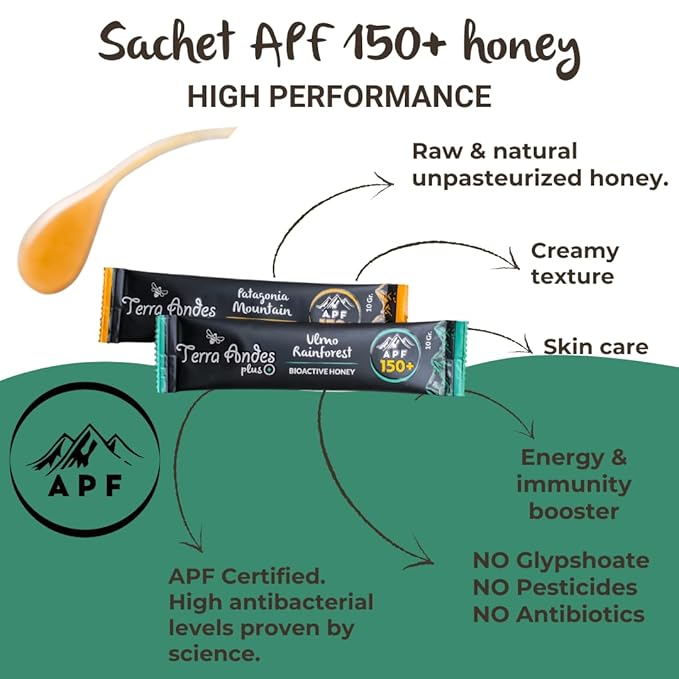 Organic Raw Honey Sachets 24 units by Terra Andes Plus - Ideal for Travel, Sports, Superfood Snacks and On-the-Go Daily Wellness - Ulmo Rainforest / Patagonia Mountain APF 150 - raw honey organic unfiltered