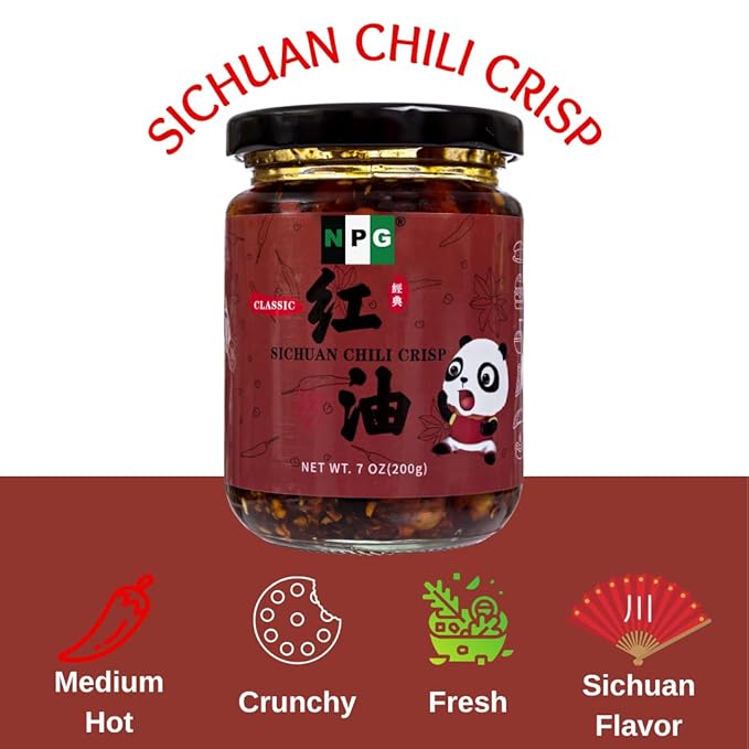 NPG Sichuan Chili Crisp Oil with Fermented Soybeans and Peanuts 7 oz, Chili Crunch with Medium Hot for Noodle, Rice, Egg, Dumpling, Premium Spicy Condiment, Less Oil