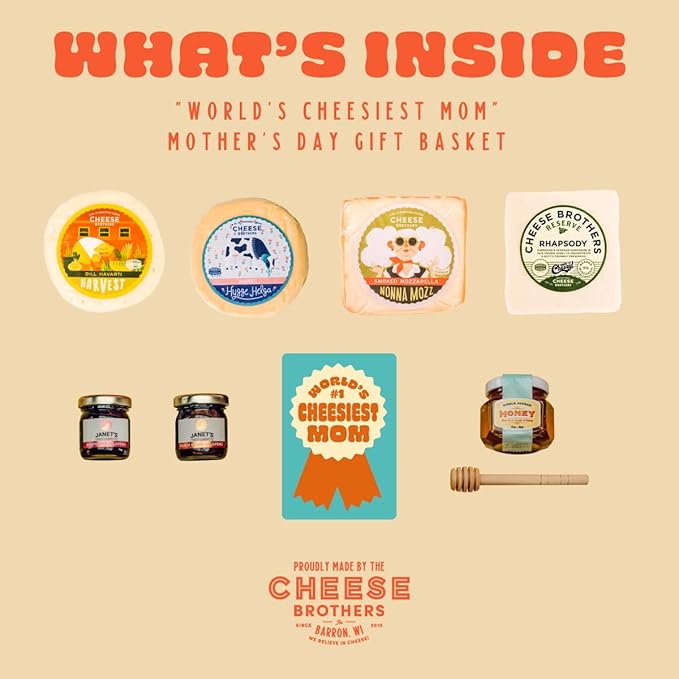 Cheese Bros. "World's Cheesiest Mom" Gift Box | Fresh from Wisconsin | Includes Mozzarella, Fontina, Dill Havarti, Havarti, Jam and Honey | Unique Birthday and Mother's Day Gifting Idea
