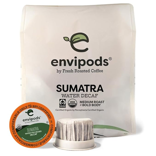 Fresh Roasted Coffee, Organic Sumatra Water-Processed Decaf envipods | BPI Compostable, USDA Organic, Kosher | Med Roast 12 Count |Not for use in Ninja or Hamilton Beach Brewers