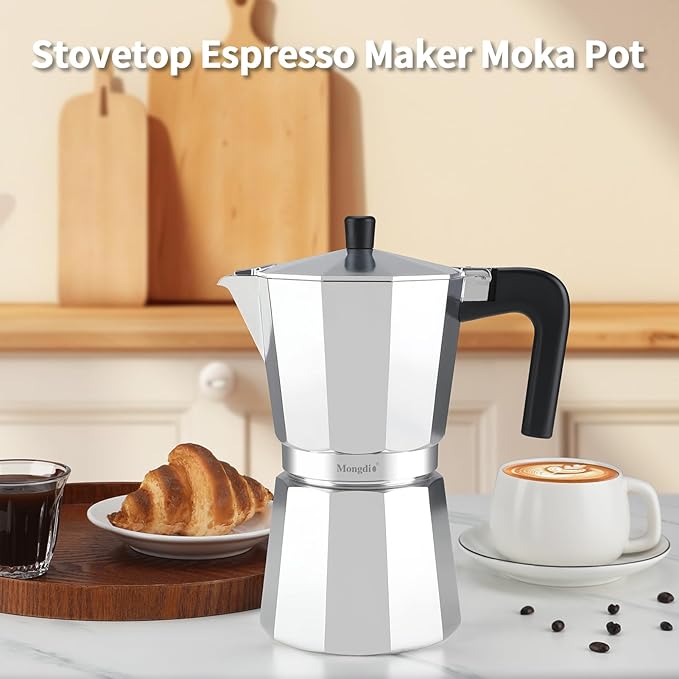 Mongdio Stovetop Espresso Maker Moka Pot, Stove Top Cuban Coffee Maker, Italian Greca Mocha Pot, 12 Espresso Cups, 20 oz - Silver