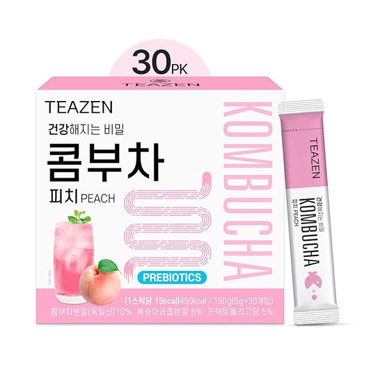 TEAZEN Peach Kombucha Tea, Hydration Drink Mix, Sugar Free, Live Probiotics & Prebiotics, 30
