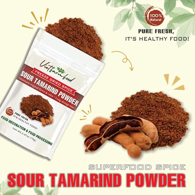 SOUR TAMARIND POWDER 1.76 Oz (50g) VIETFARMFOOD: Freeze-dried spices extract pure natural flavor. Convenient packaging, long-term preservation. Used for cooking, baking, salads, soups, sauces.