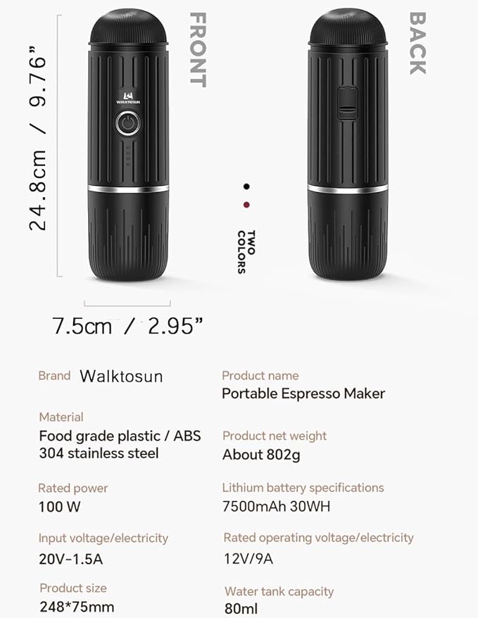 Portable Espresso Coffee Maker Electric Expresso Maker Self Heating Battery Powered, 19 Bar Pressure, Coffee Machine with Ground Coffee & NS Capsule for Travel,Outdoors竊똂amping,RV,Hiking,Office(Black)