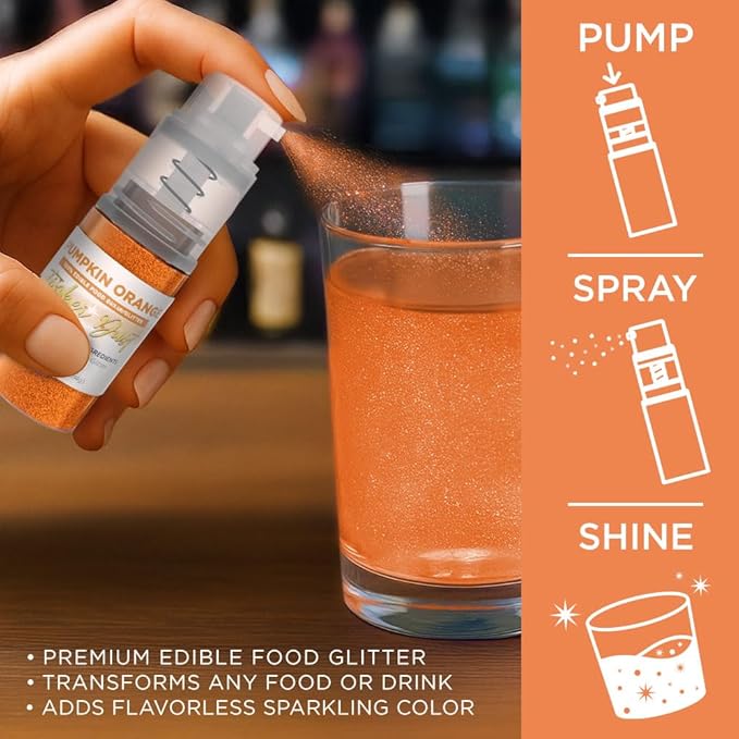 Bakell - Pumpkin Orange Tinker Dust (4g, 1x Mini Spray Pump) Edible Glitter for Food, Desserts, and Beverages!