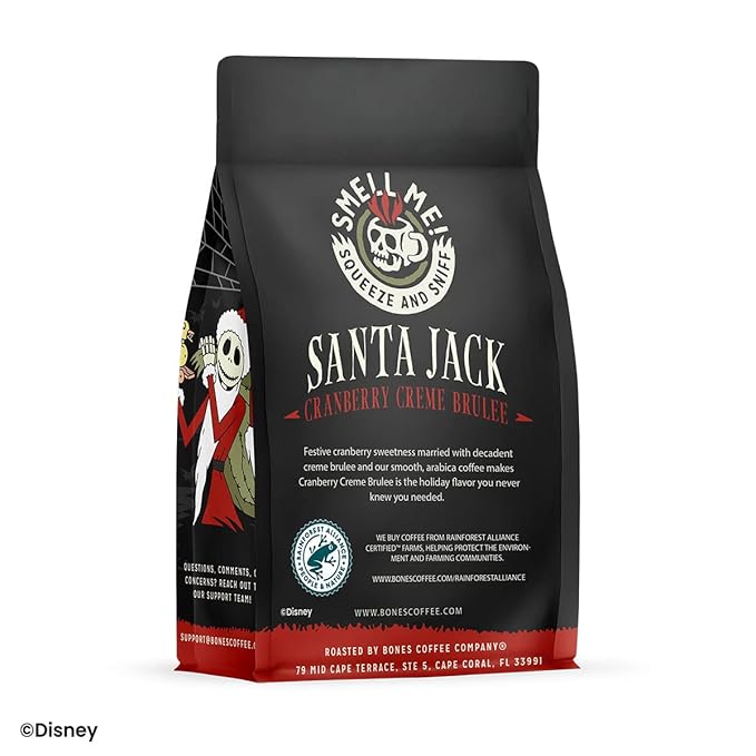 Bones Coffee Company The Nightmare Before Christmas Santa Jack Flavored Coffee Beans, Whole Bean Coffee Medium Roast Low Acid, Cranberry Creme Brulee Flavor (12 oz)