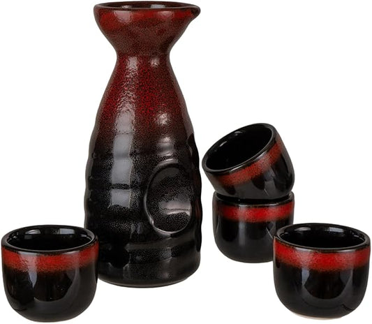 Urban Tokyo Japanese Sake 5 Piece Set Include 1 Sake Bottle and 4 Cups for Hot or Cold Sake Home or Restaurant Use Reactive Glazed Ceramic (Black and Red)