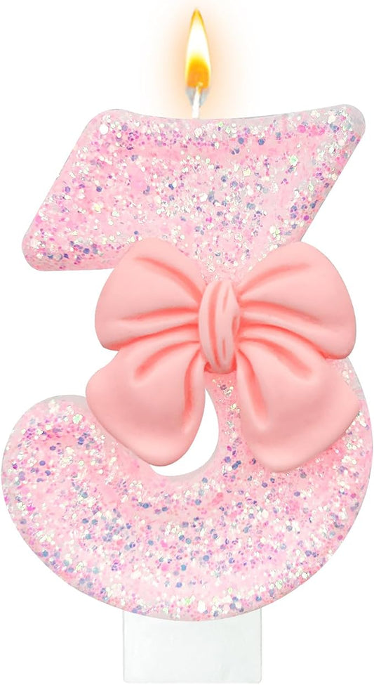 Birthday Cake Candles, Pink Glitter with Bow Cake Candles, Birthday Party Cake Toppers, Cute Birthday Candle Decorations (3)
