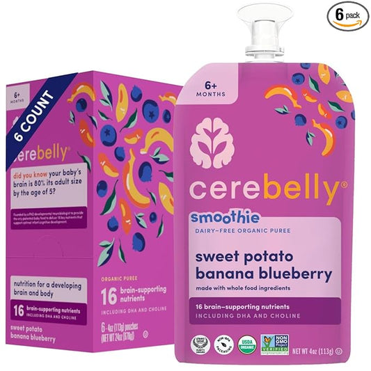 Cerebelly Organic Baby Food Pouches ??Dairy Free Smoothies for Toddlers | No Added Sugar, Fiber, Non-GMO | Toddler Smoothie Pouches | 4oz BPA-Free Baby Food | Sweet Potato Banana Blueberry | 6 Count