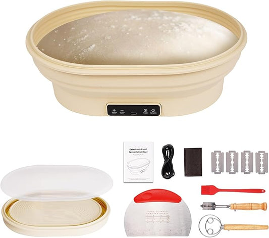 2L Heating Bread Proofing Basket Set Foldable Thermostatic Silicone Bowl with 77-122??6 Gears Temperature & 6H Timer, for Artisan Baking Sourdough Starter Bread Making Supplies Tools Kit