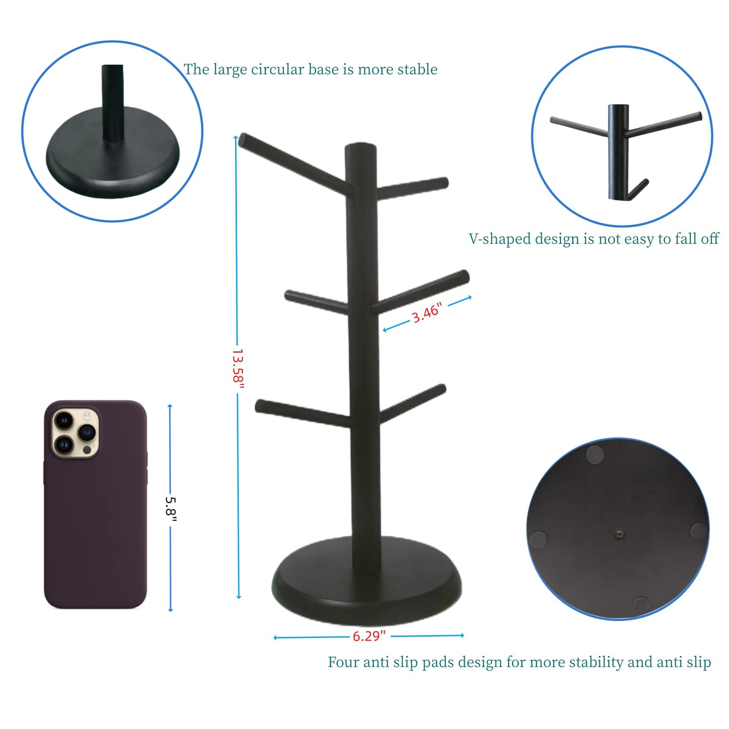 KETWOD Black Coffee Mug Holder, Non-Slip Cup Tree With 6 Hooks for Counter, Rack (Black)