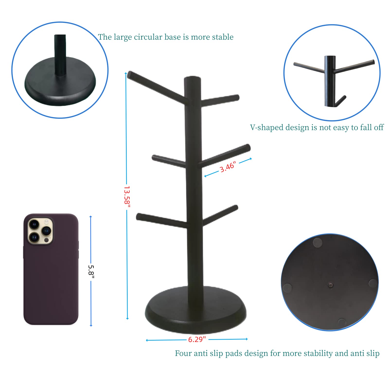 KETWOD Black Coffee Mug Holder, Non-Slip Cup Tree With 6 Hooks for Counter, Rack (Black)