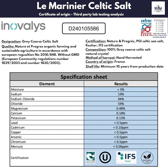 Le Marinier French Sea Salt Grey Coarse, 1.1lb - 18oz. Mineral Rich 100% Natural and Unrefined Sea Salt Organic. Hand Harvested Mineral Salt, Sel Gris (1.1lb Grey Coarse)
