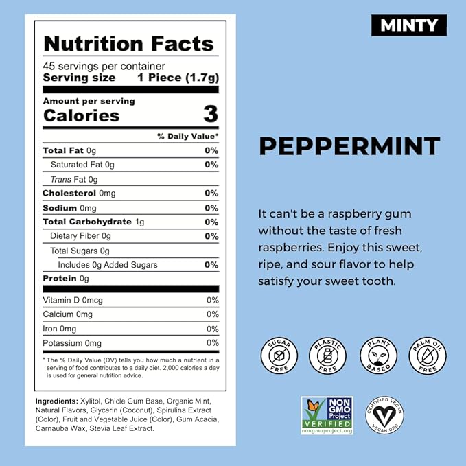 Refresh Gum, Xylitol, Natural, Sugar Free, Long Lasting, Plastic Free, Natural Flavors & Organic Ingredients, Plant-Based, Low Calorie, Non GMO, Gluten Free, Vegan, Peppermint, 12 Pcs, 12 Pck