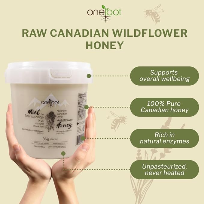 Oneroot 100% Canadian Flower Honey - Honey Wildflower Unfiltered, Unheated & Creamed, Nutrient Rich Raw Wildflower With Enzymes, Thick Natural Sweetener (6.6 lbs)