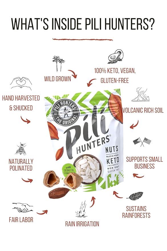Pili Hunters - Wild Sprouted Pili Nuts, Coconut Oil and Himalayan Salt (1.85oz Bags, 2 Pack) Keto/Paleo/Vegan Snacks, Low Carb Energy, Gluten Free, No Sugar Added, Superfood, The Original AS SEEN ON SHARK TANK