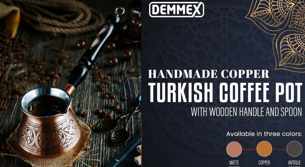 DEMMEX Copper Turkish Coffee Pot Cezve Ibrik Greek Coffee Briki Stovetop Coffee Maker with Wooden