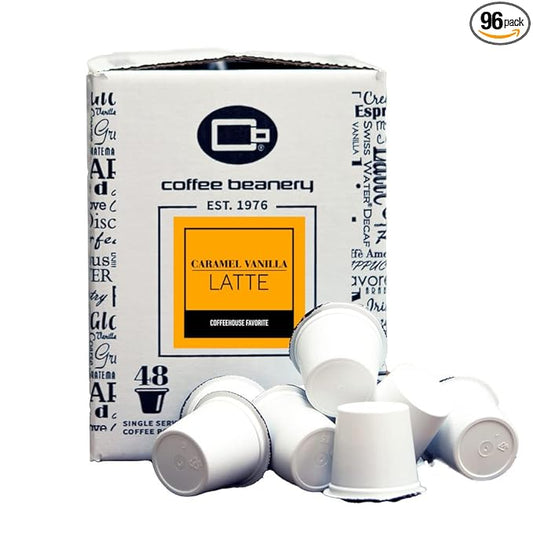 Caramel Vanilla Latte Coffee Pods by Coffee Beanery | 96ct Bulk Flavored Coffee Pods Medium Roast Coffee